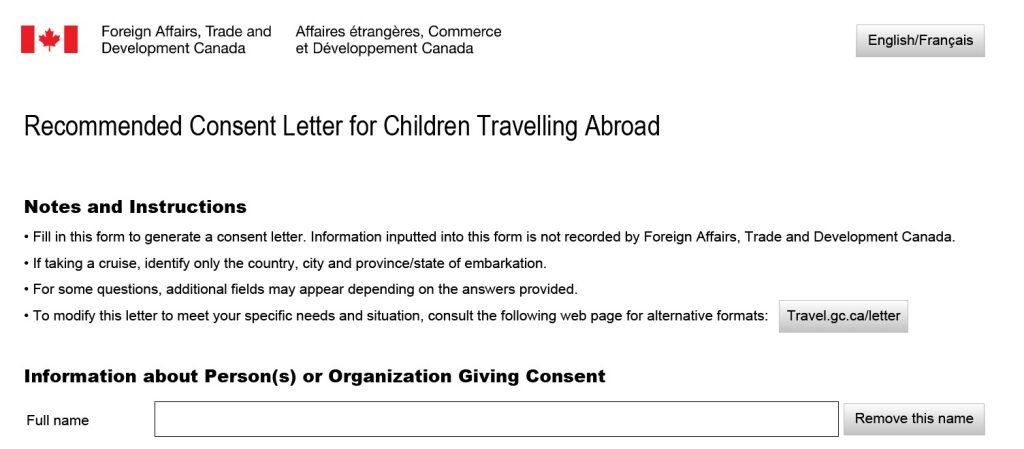 consent form travel with toddler